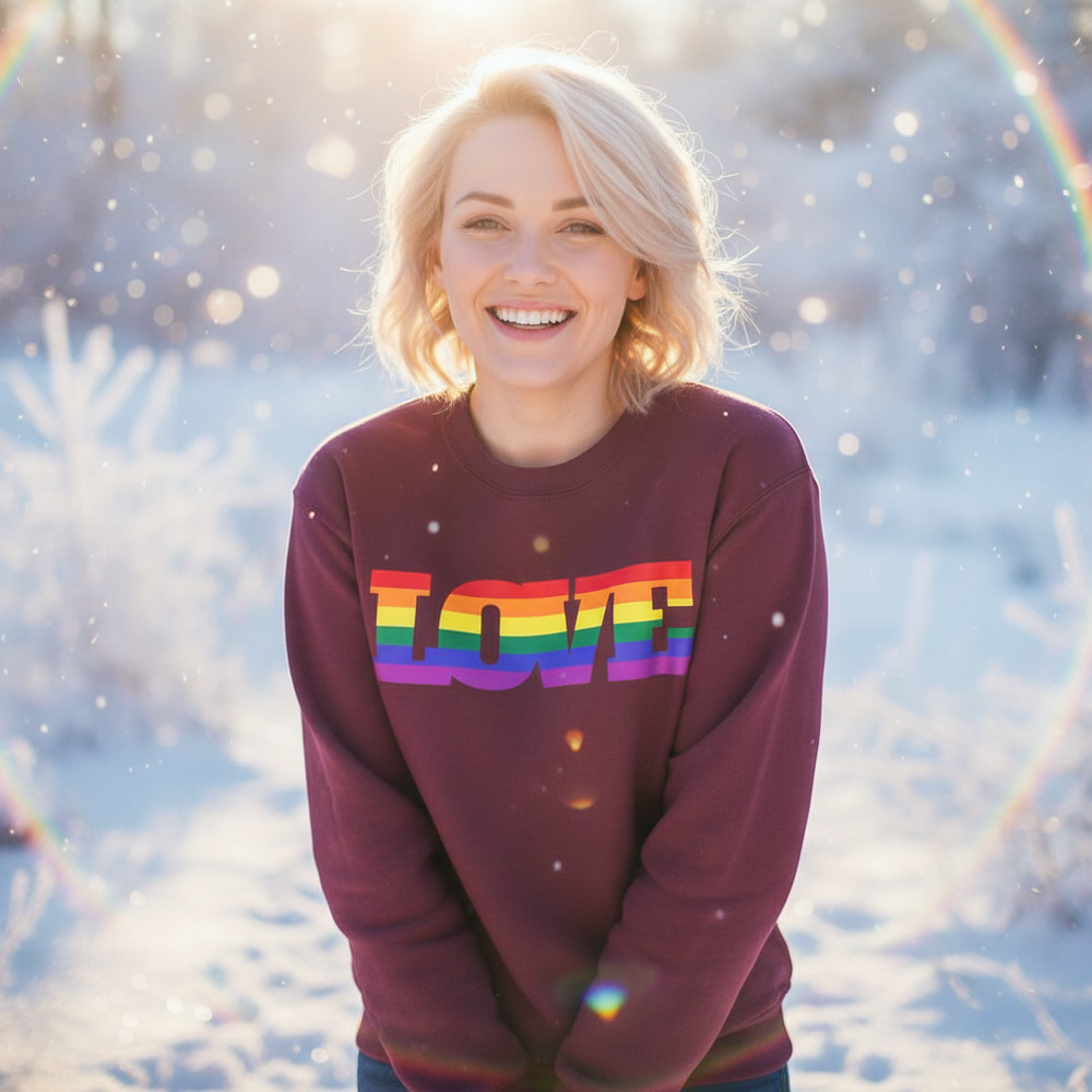 Smiling person in a burgundy sweatshirt with rainbow-striped LOVE lettering in snowy woods