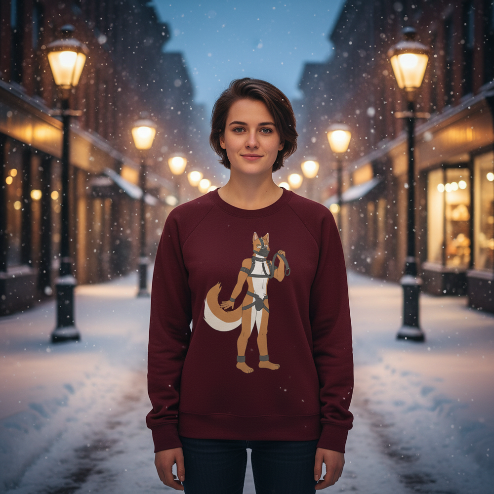 Person wearing a burgundy sweatshirt with an anthropomorphic fox in a snowy, lamp-lit street