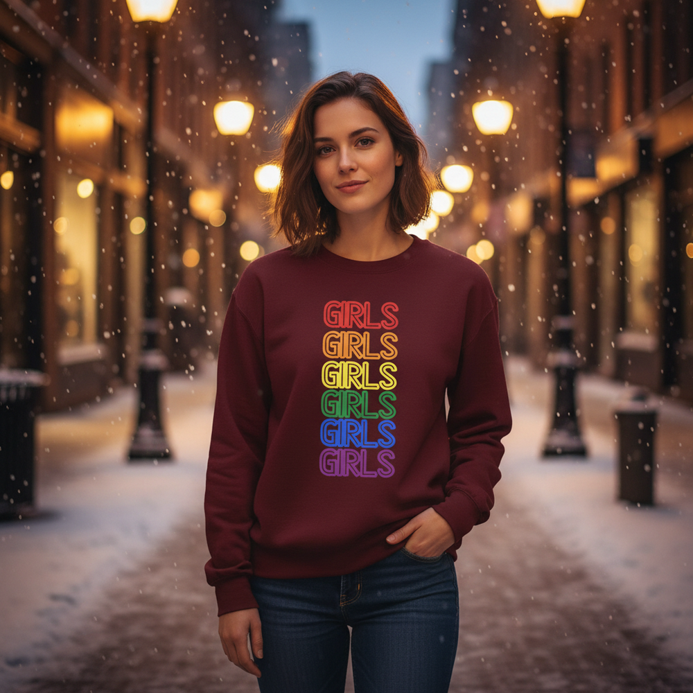 Person wearing a burgundy sweatshirt with stacked rainbow “GIRLS” lettering in falling snow