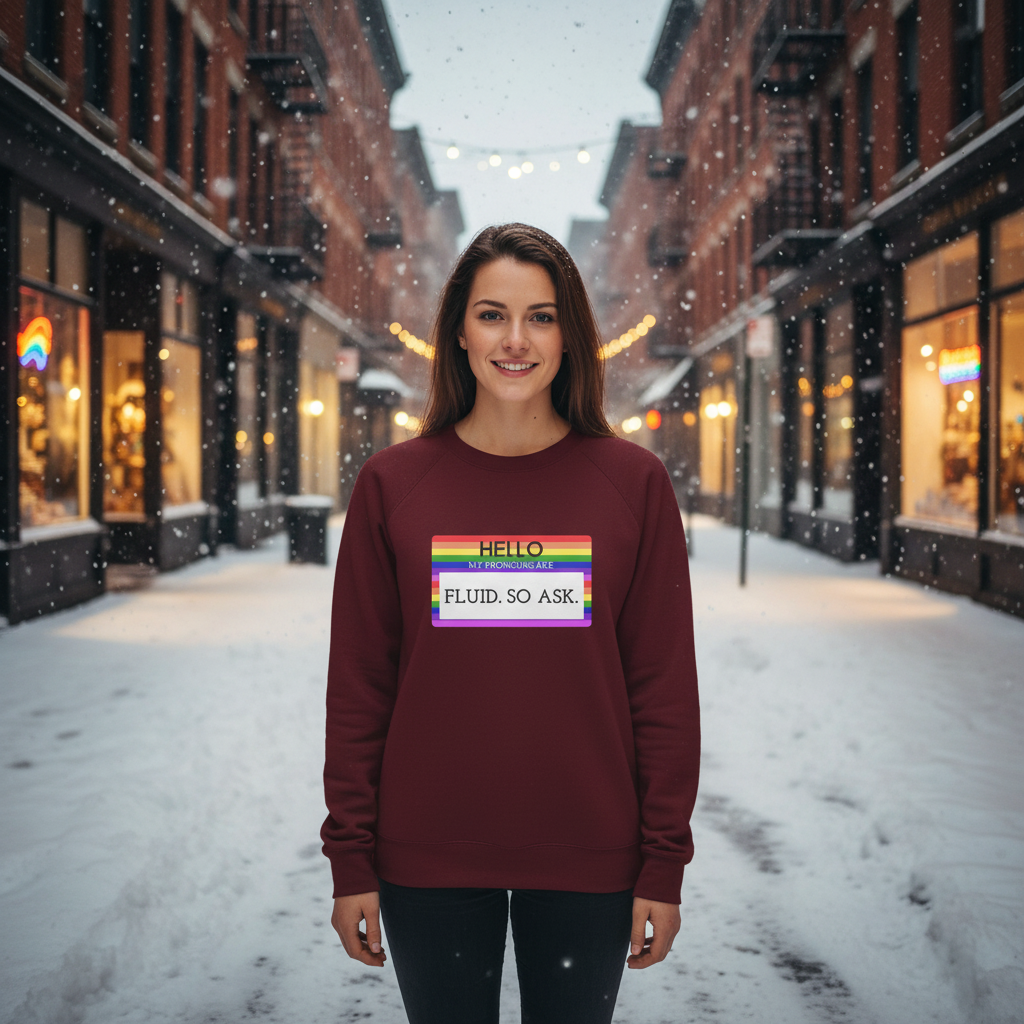 Young woman smiling in a snow-dusted urban alley, wearing the Hello My Pronouns Are Fluid. So Ask. Unisex Sweatshirt, celebrating LGBTQ pride with its cozy burgundy design and rainbow-bordered name-badge print.