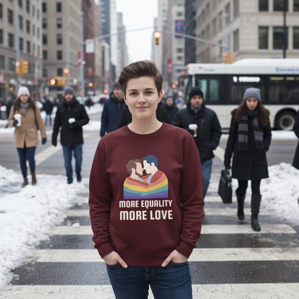 Person wearing a burgundy sweatshirt with a rainbow embrace graphic and “MORE EQUALITY MORE LOVE” text
