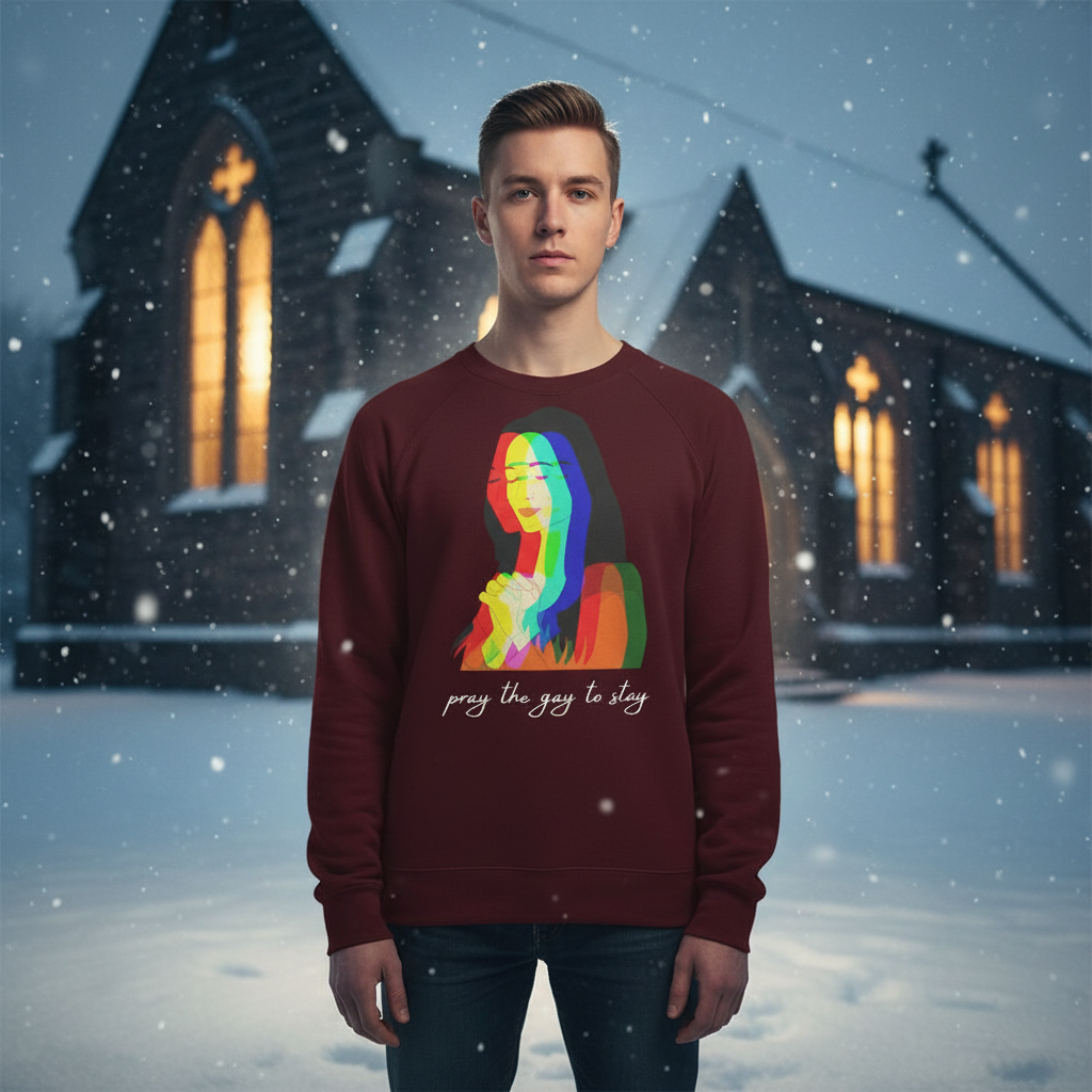Young man in snow wearing the Pray The Gay To Stay Unisex Sweatshirt with a vibrant rainbow glitch praying graphic, capturing bold, joyful queer pride against a cozy, warmly-lit church backdrop.
