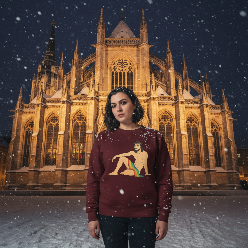 Young woman outdoors in falling snow, wearing the Sexy Gay Jesus Unisex Sweatshirt with a stylized, rainbow-striped illustration, exuding warmth and LGBTQ pride in front of an illuminated Gothic cathedral.