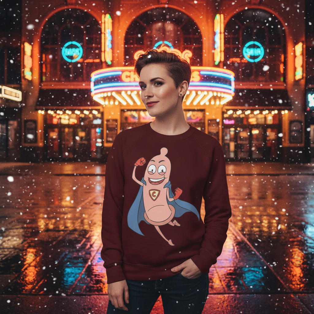 Person wearing a burgundy sweatshirt with a smiling superhero condom graphic outside a neon-lit theater