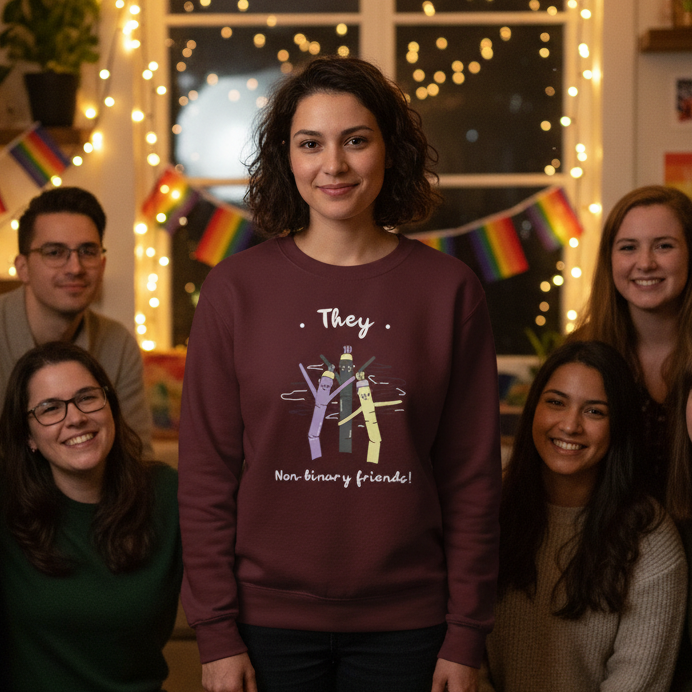 They Non-Binary Friends Unisex Sweatshirt featuring cartoon figures and prideful text, worn by a smiling person in a cozy, inclusive gathering, embodying warmth, visibility, and LGBTQ+ empowerment.