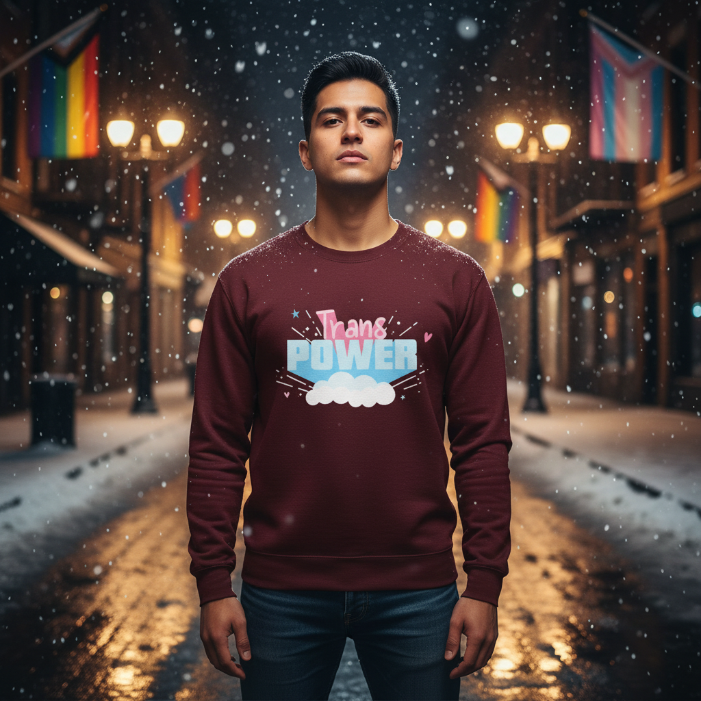 Model wearing a burgundy sweatshirt reading “Trans Power” on a snowy, flag-lined street