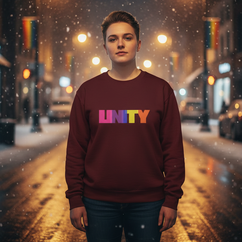 Front-facing person wearing a burgundy sweatshirt with multicolored “UNITY” text in a snowy city street
