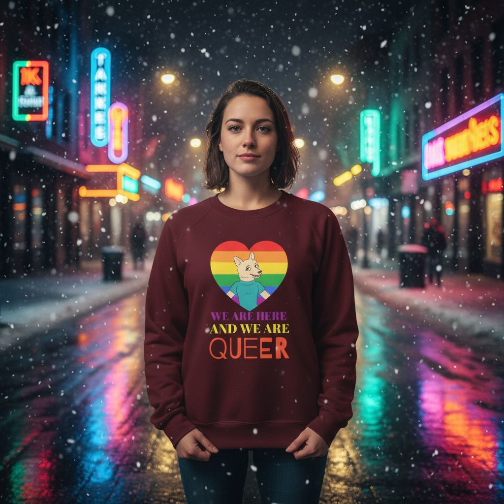Person in a We Are Here And We Are Queer Unisex Sweatshirt stands confidently in a neon-lit, snowy city street, embodying LGBTQ pride with its vibrant heart design and empowering slogan.