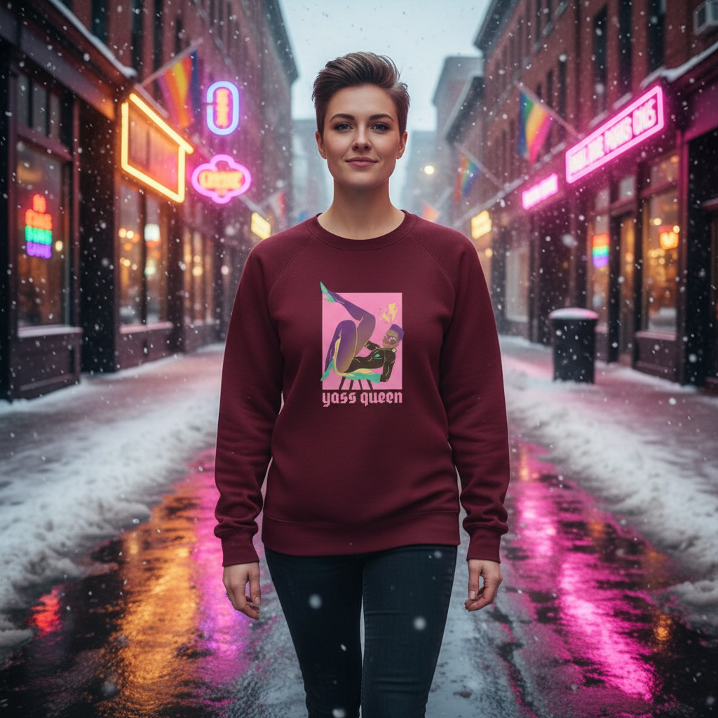 Front-facing model wears a burgundy sweatshirt with a colorful graphic and “Yass Queen” text.
