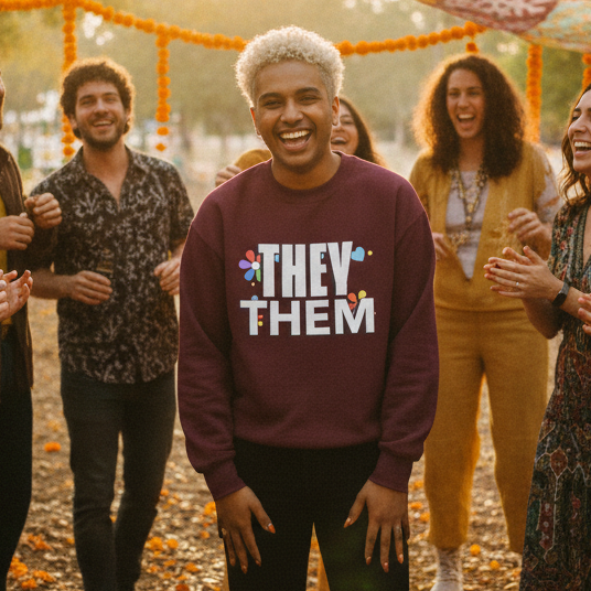 Maroon "They / Them" Unisex Sweatshirt on a smiling, blond queer person outdoors with diverse friends, orange garlands, Pride vibes.