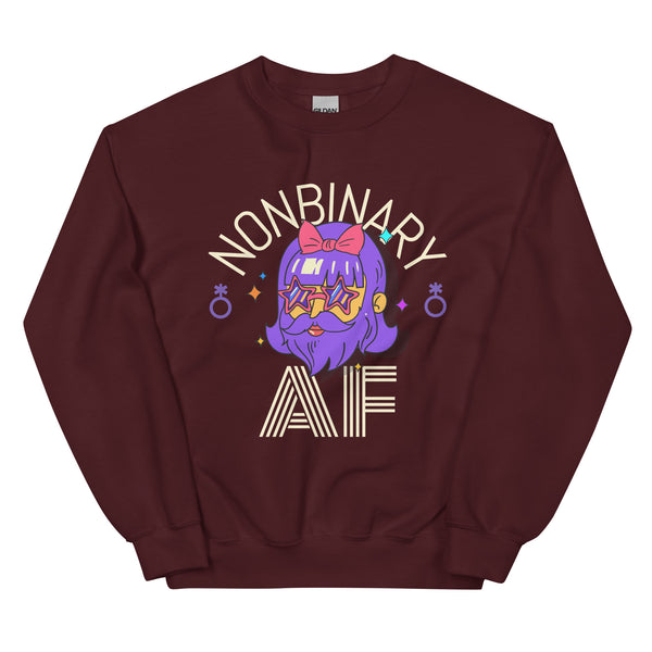 Maroon unisex Nonbinary AF sweatshirt with cartoon person, short hair, glasses, earrings; “NONBINARY”, yellow star, “AF”, sparkles.