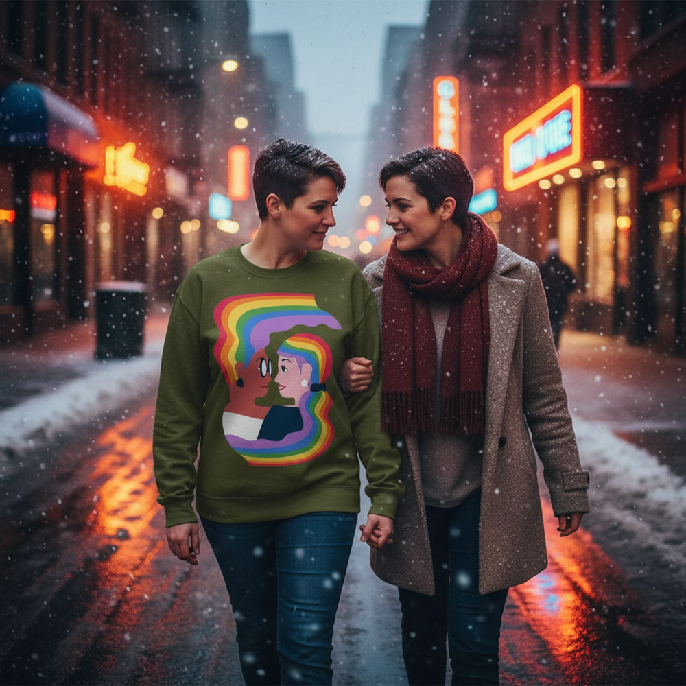 Two people walk arm in arm through a snowy city street; one wears a rainbow couple-portrait sweatshirt.