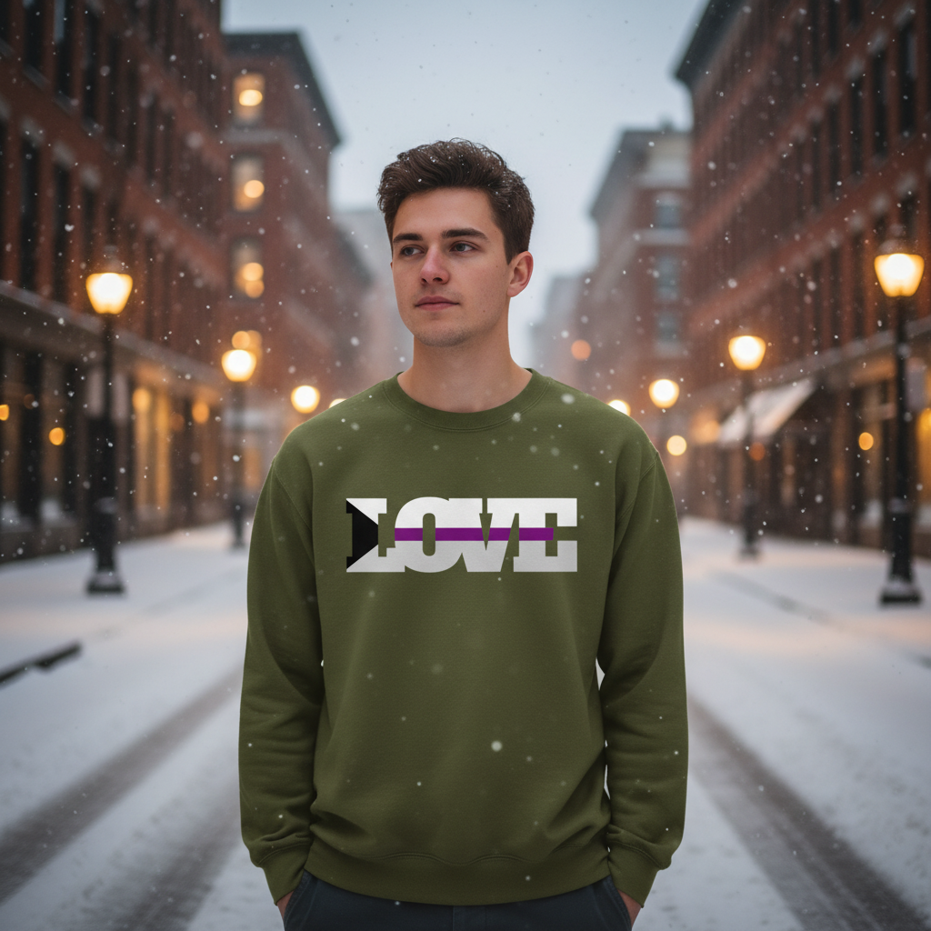 Young man in a snowy city street wearing the Demisexual Love Unisex Sweatshirt. The moss-green pullover features LOVE with a purple stripe and triangle, embodying warmth and LGBTQ pride.