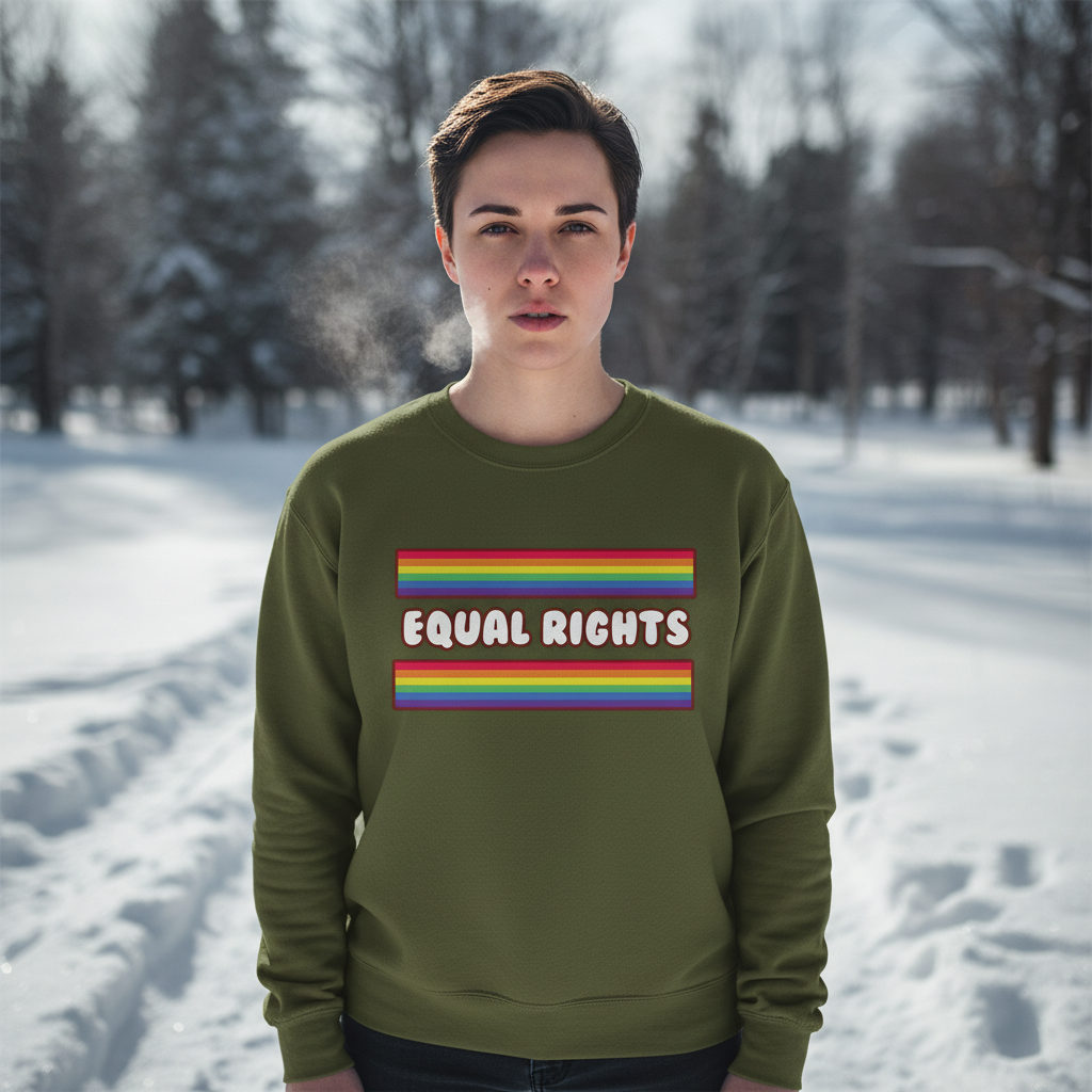 Person outdoors wearing the Equal Rights Unisex Sweatshirt, featuring rainbow-striped bars and EQUAL RIGHTS text. The cozy olive-green garment embodies warmth and pride, perfect for celebrating LGBTQIA+ visibility and self-expression.