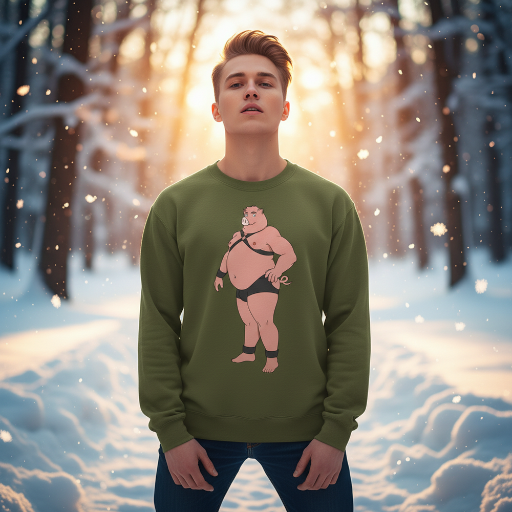 Person wearing an olive sweatshirt with a cartoon pig in a black leather harness and briefs in a snowy forest