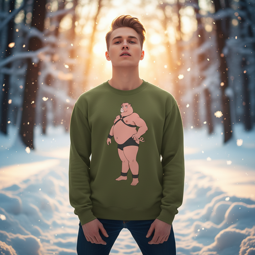 Person wearing an olive sweatshirt with a cartoon pig in a black leather harness and briefs in a snowy forest