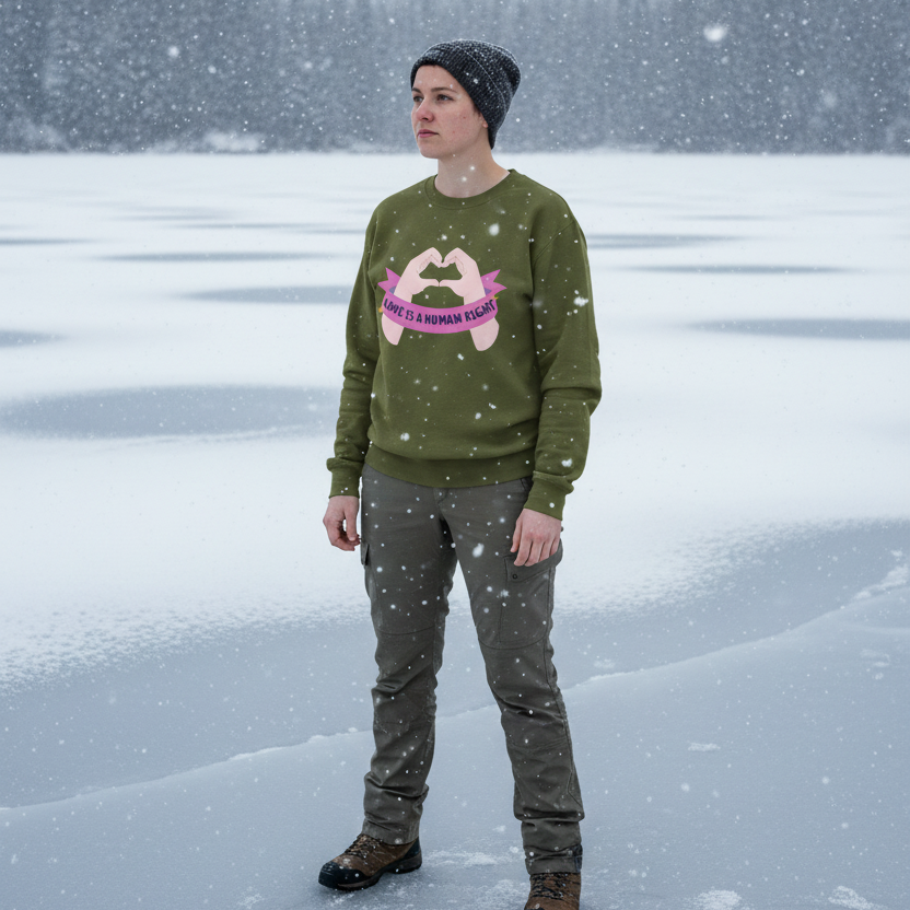 Person wearing an olive sweatshirt reading “LOVE IS A HUMAN RIGHT” in falling snow