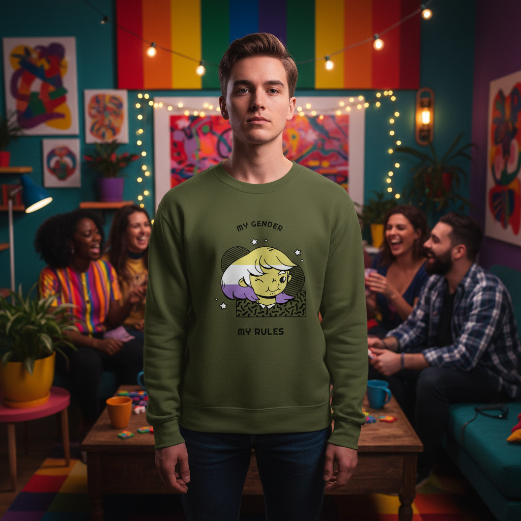 Young man in an olive-green My Gender My Rules Unisex Sweatshirt stands confidently, embracing queer pride and self-expression among friends in a vibrant, inclusive living room setting.