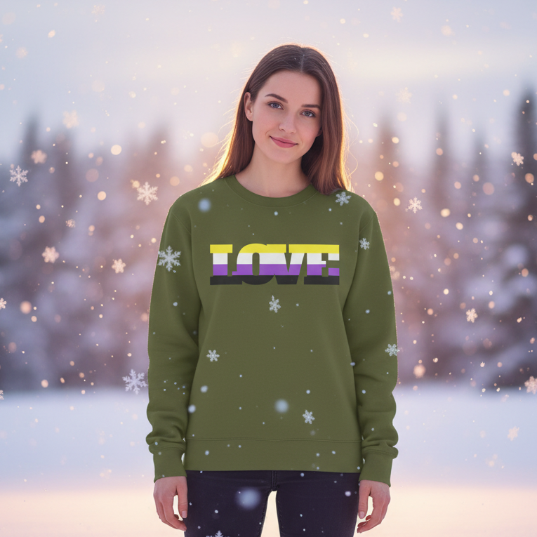 Front-facing model in an olive sweatshirt with striped LOVE lettering, standing in falling snow