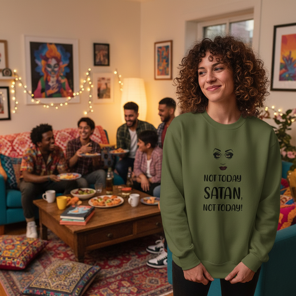 Curly-haired person wearing an olive sweatshirt reading “NOT TODAY SATAN, NOT TODAY!”