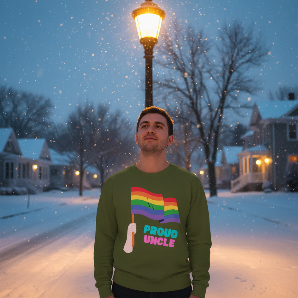 Person modeling an olive sweatshirt with a rainbow flag graphic and “PROUD UNCLE” text in falling snow