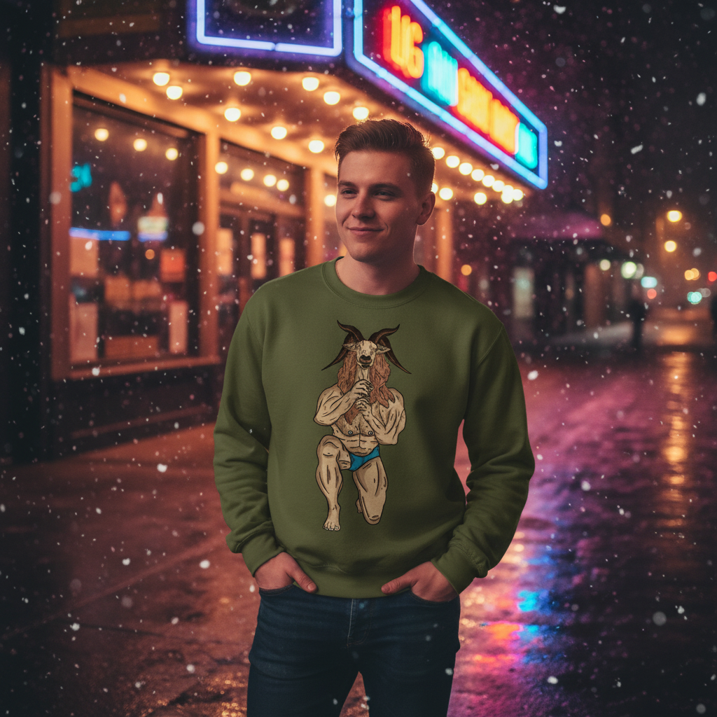 Throat Goat Unisex Sweatshirt featuring a bold, anthropomorphic goat design, worn by a man on a neon-lit street, embodying prideful self-expression and warmth in wet, wintry weather.