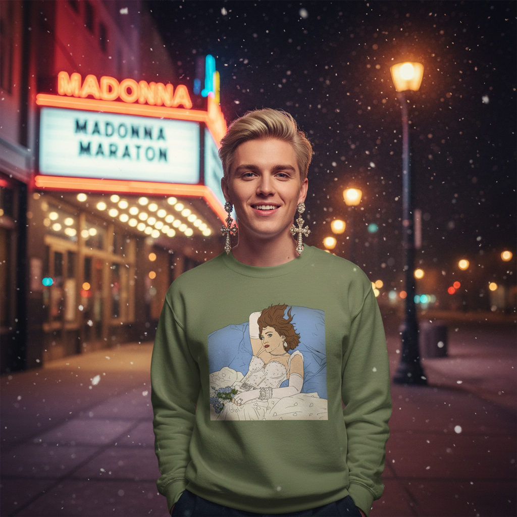 A young person beams confidently in a Madonna Like a Virgin Unisex Sweatshirt, featuring a wedding dress illustration, embodying proud LGBTQ+ self-expression with bold cross earrings against a lively city backdrop.