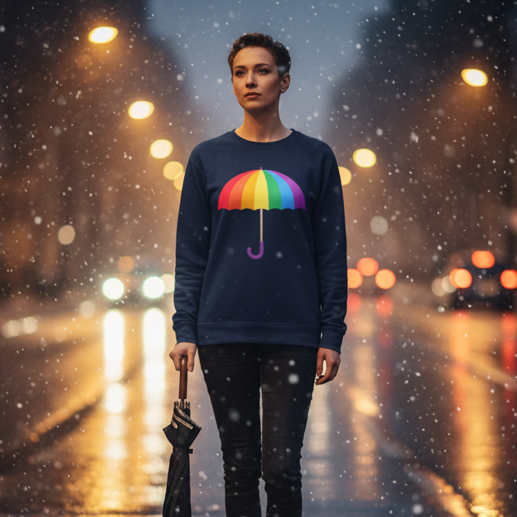 Person wearing a navy sweatshirt with a rainbow umbrella graphic on a snowy, wet street