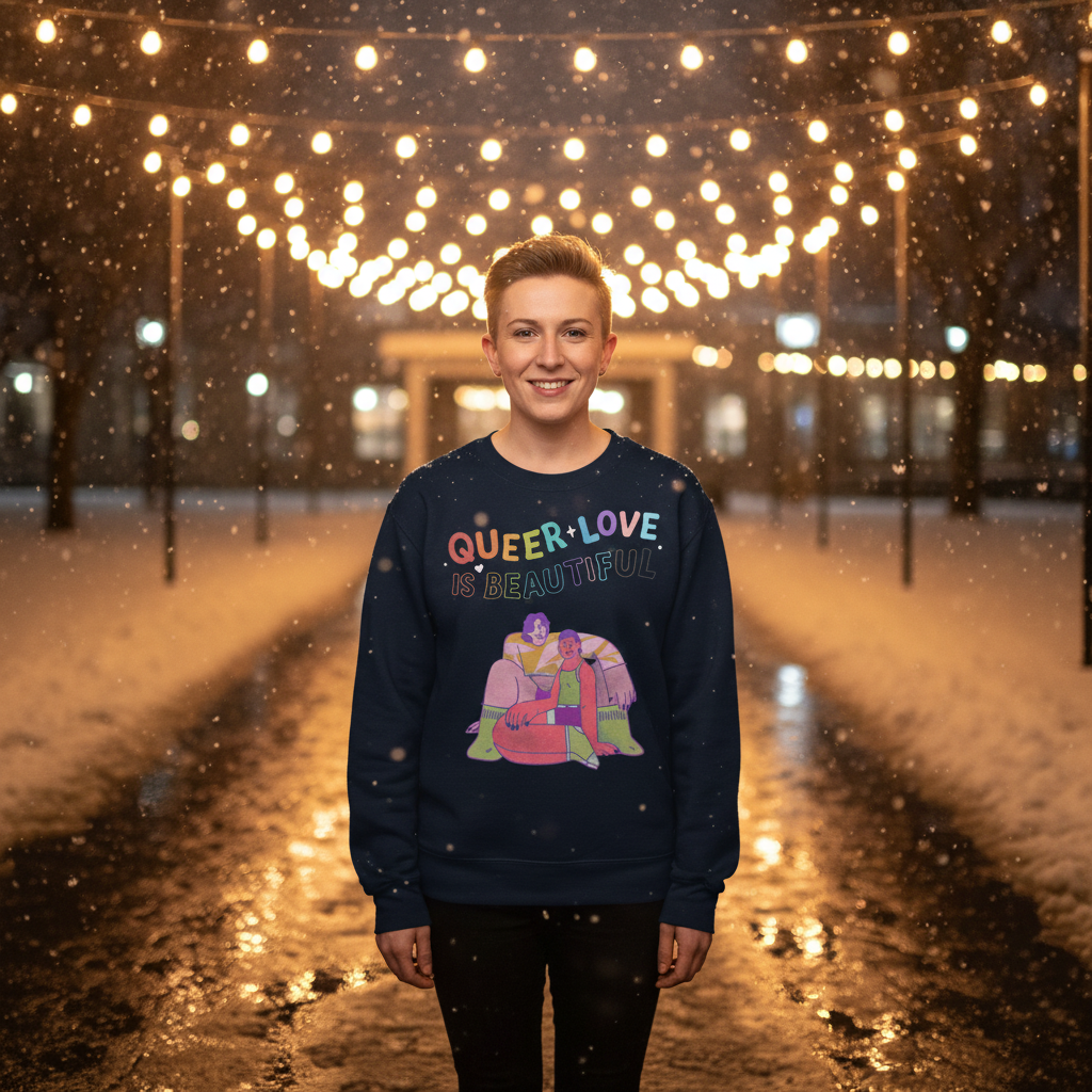 Person smiling in dark Queer Love Is Beautiful unisex sweatshirt with colorful embrace illustration, standing under string lights on a snowy promenade. Snowflakes fall, reflecting empowerment and pride in queer self-expression.