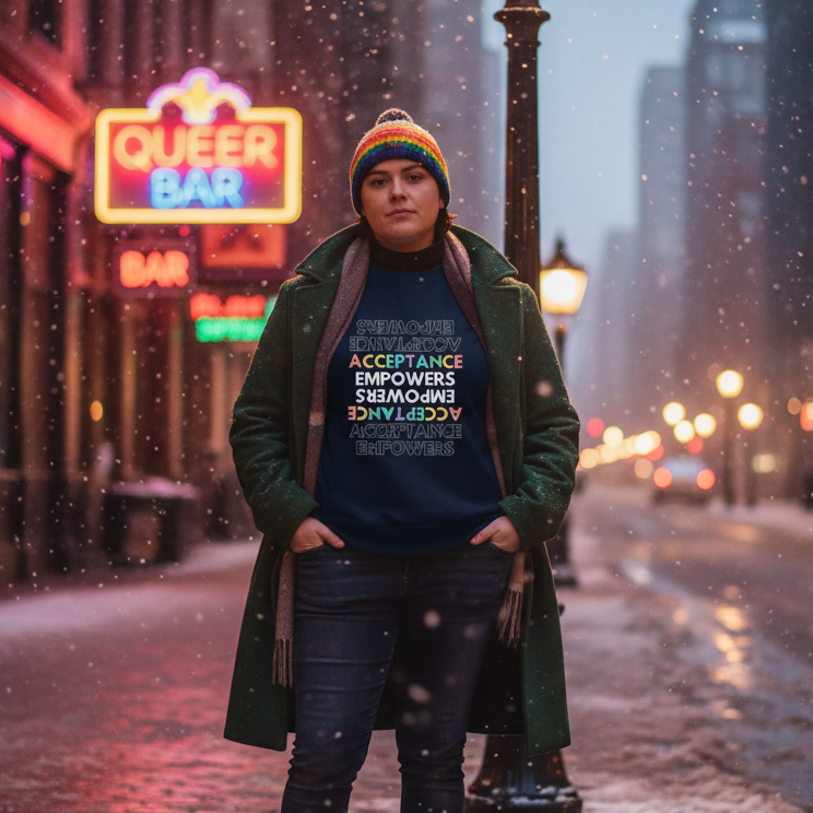 Person wearing an Acceptance Empowers Unisex Sweatshirt beneath a dark green overcoat, stands in a snowy city street, embodying queer pride and empowerment with a rainbow-striped beanie against a vibrant urban backdrop.