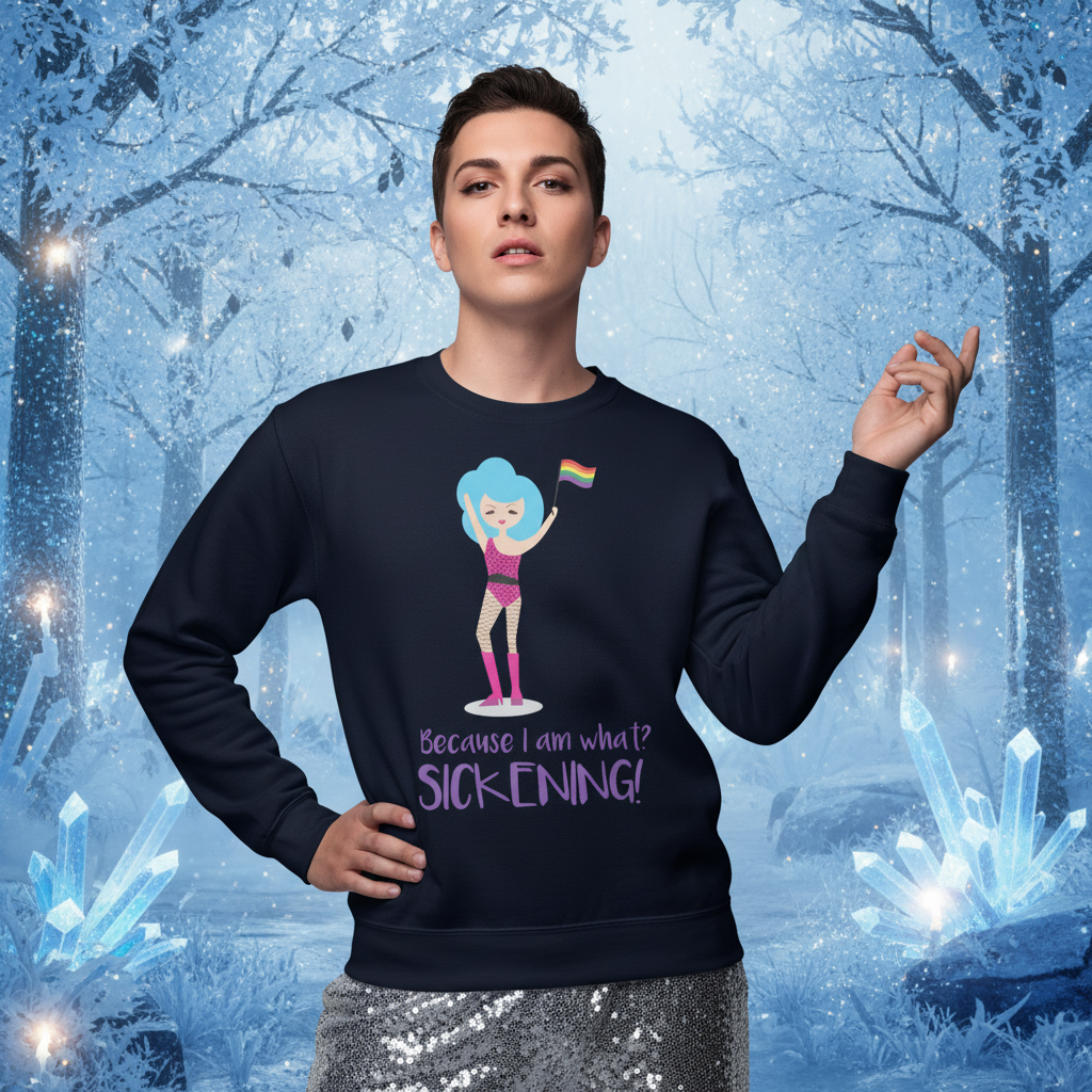 Person confidently models the Because I Am What? Sickening! Unisex Sweatshirt featuring a drag-inspired character with blue hair and a pride flag, set in an icy-blue fantasy forest backdrop.
