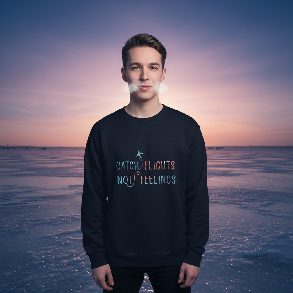 Person wearing a black sweatshirt reading “Catch Flights Not Feelings” on a frozen landscape