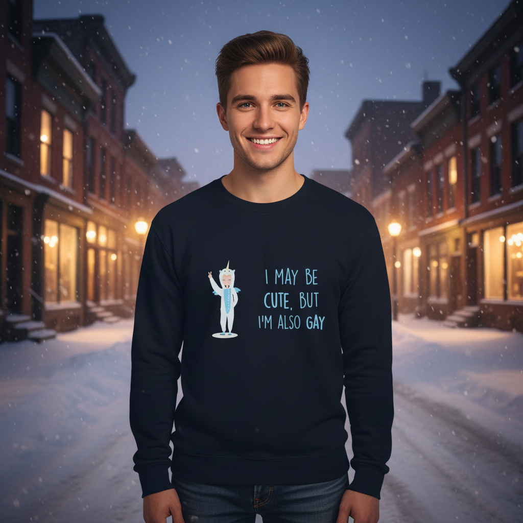 Young man in snowy street wearing the Cute But Gay Unisex Sweatshirt, featuring a cartoon unicorn and empowering LGBTQIA+ message, reflecting pride and self-expression in a cozy, inclusive design.