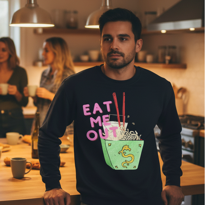 Young man in a kitchen wearing the Eat Me Out Unisex Sweatshirt featuring a noodle bowl design. The sweatshirt embodies LGBTQ pride and self-expression, blending comfort with visibility.