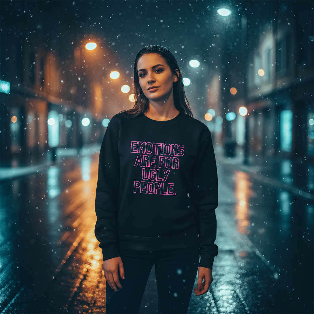 Young woman confidently wearing the Emotions Are For Ugly People Unisex Sweatshirt on a dimly lit city street, embodying prideful self-expression with its bold slogan amidst a reflective, wet pavement.