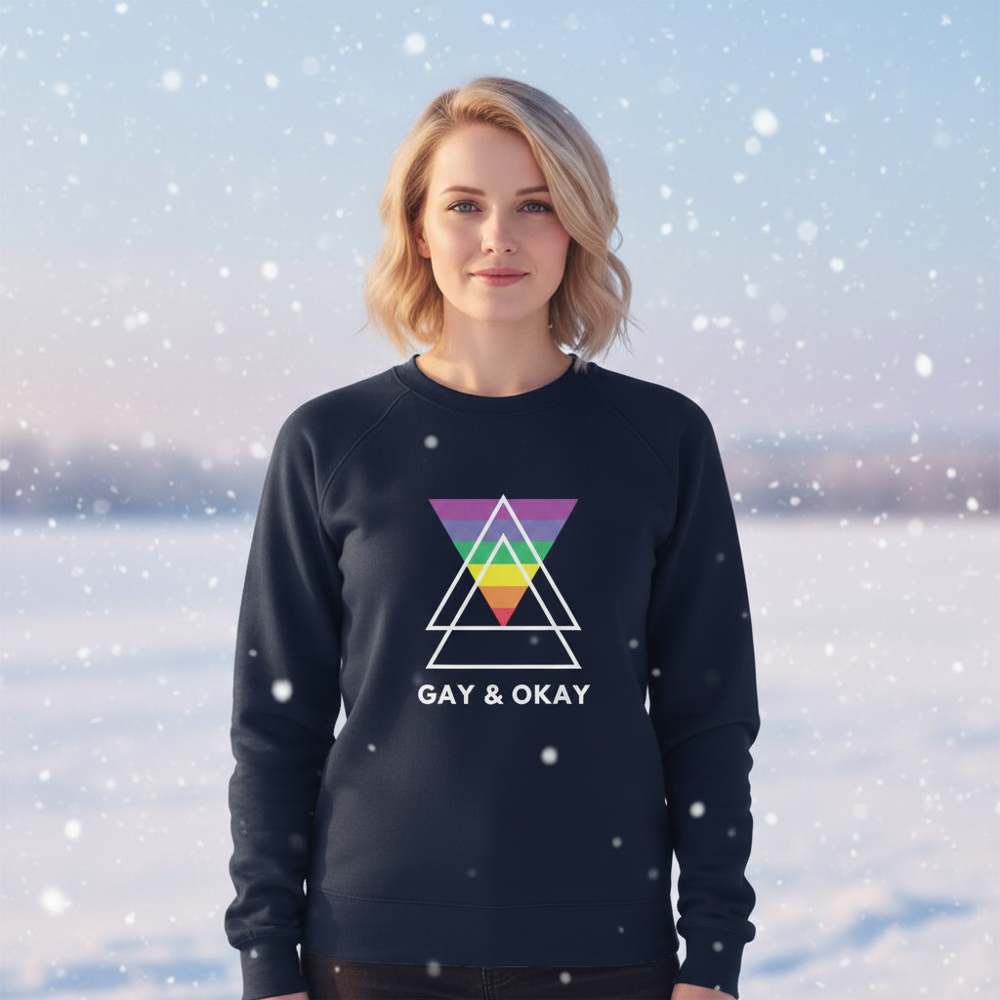 Front-facing person wearing a navy sweatshirt reading “GAY & OKAY” in falling snow