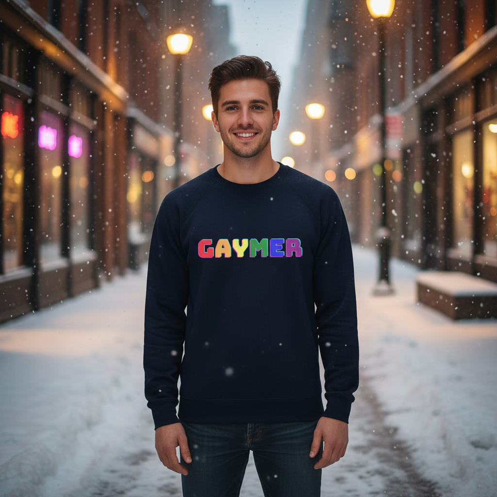 Smiling person wears a navy sweatshirt reading “GAYMER” on a snowy city street
