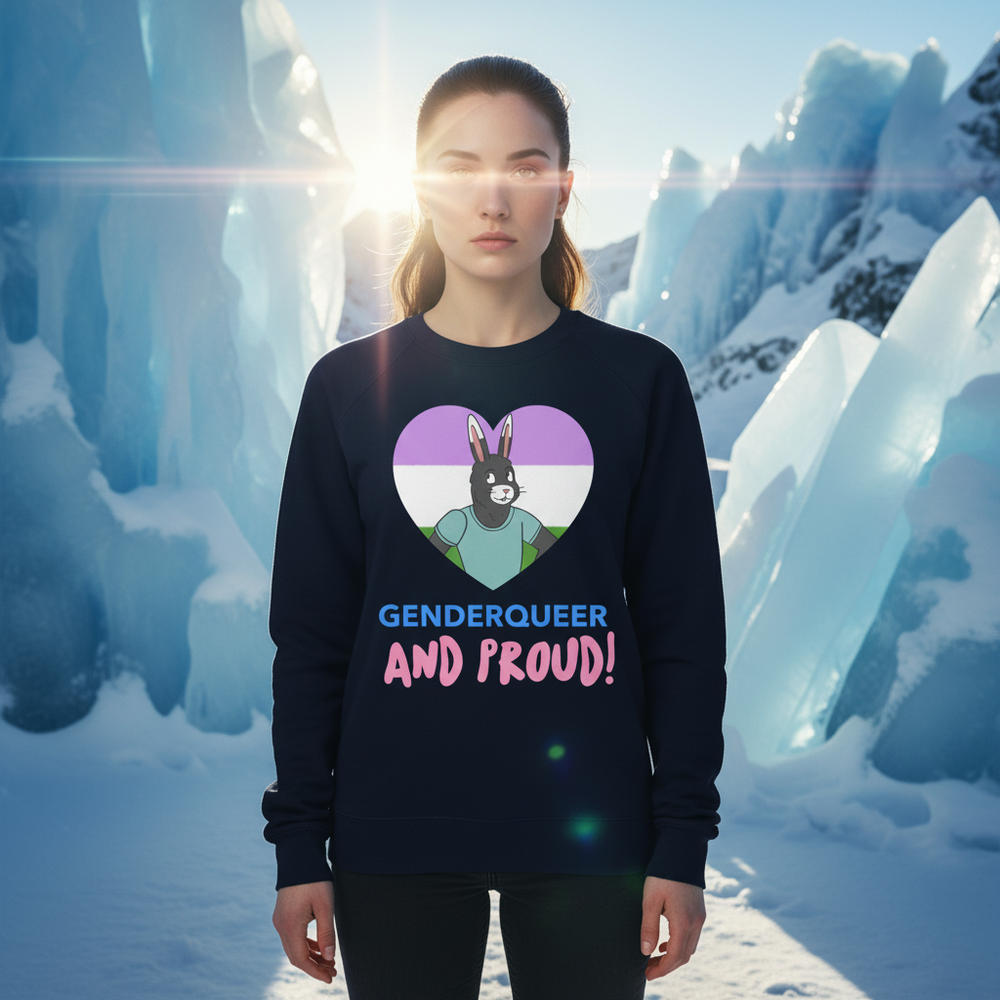 Front-facing model in a dark sweatshirt reading “GENDERQUEER AND PROUD!” with a bunny in a pride-colored heart