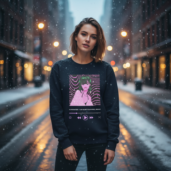 Model wearing a black sweatshirt with a pink anime-style graphic and printed slogan in a snowy city street