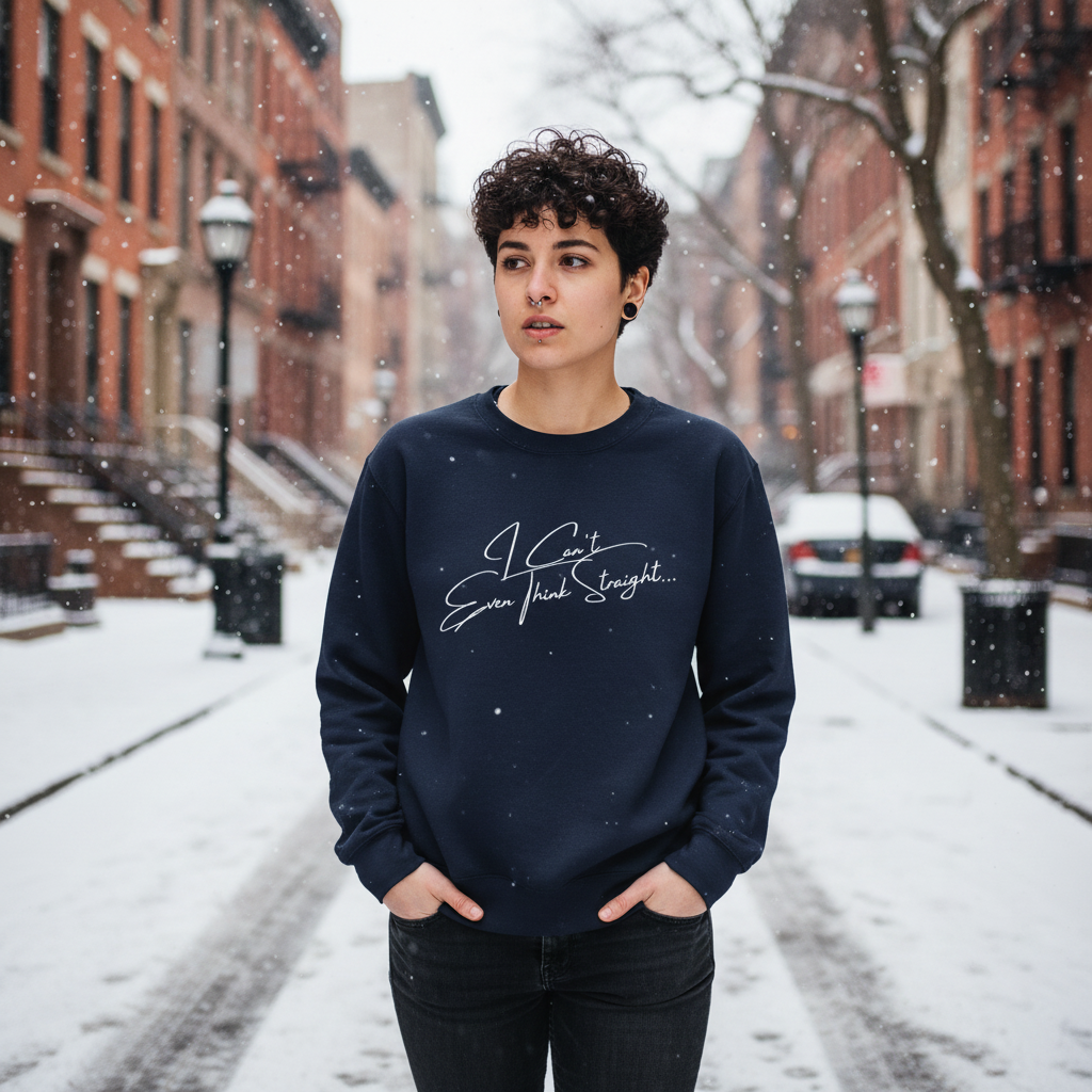 Person wearing a navy sweatshirt reading “I Can’t Even Think Straight…” on a snowy street