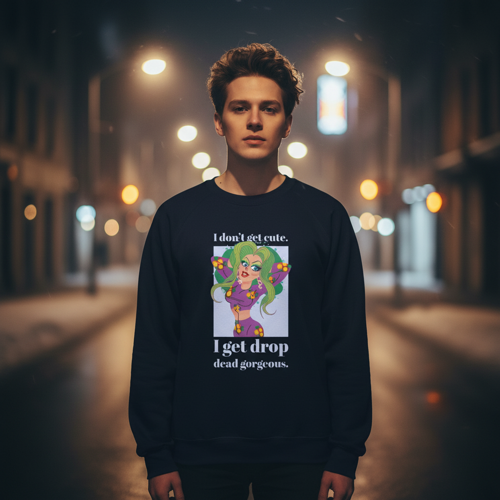 Young man wearing the I Get Drop Dead Gorgeous Unisex Sweatshirt, featuring a colorful cartoon design, stands confidently on a dim street, embodying bold queer pride and self-expression with style and comfort.