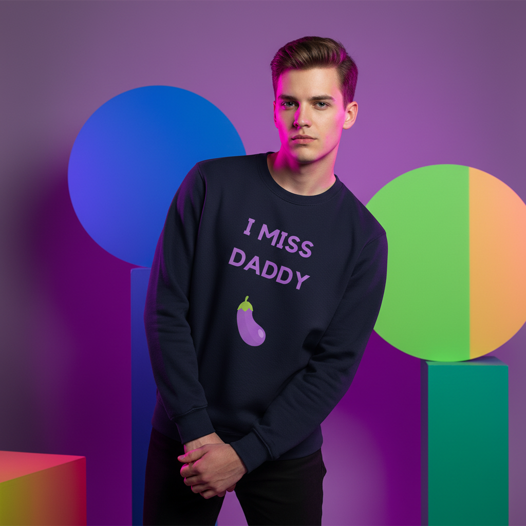 I Miss Daddy Unisex Sweatshirt" with eggplant emoji in block letters, worn by brown-haired young man before a purple geometric backdrop.