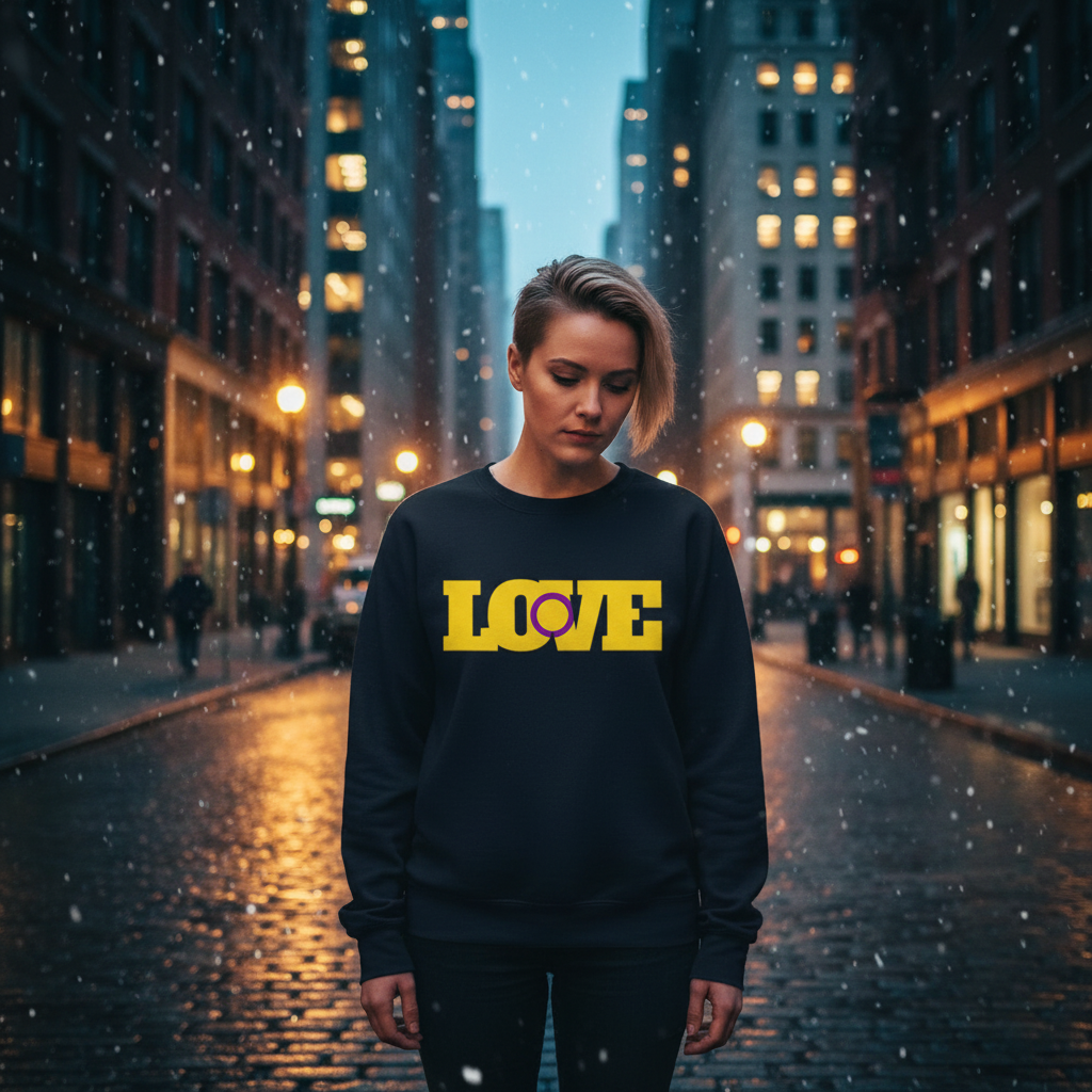 Person wearing the Intersex Love Unisex Sweatshirt, featuring LOVE with a Venus symbol, stands on a wet street at dusk, embodying LGBTQ pride and self-expression amidst a softly lit urban backdrop.