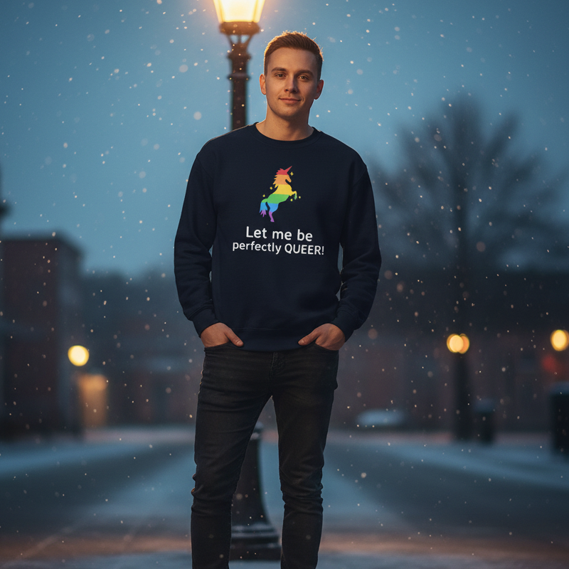 Young man models the Let Me Be Perfectly Queer Unisex Sweatshirt featuring a rainbow unicorn and slogan, embodying pride and inclusivity, perfect for warmth and self-expression in queer fashion.