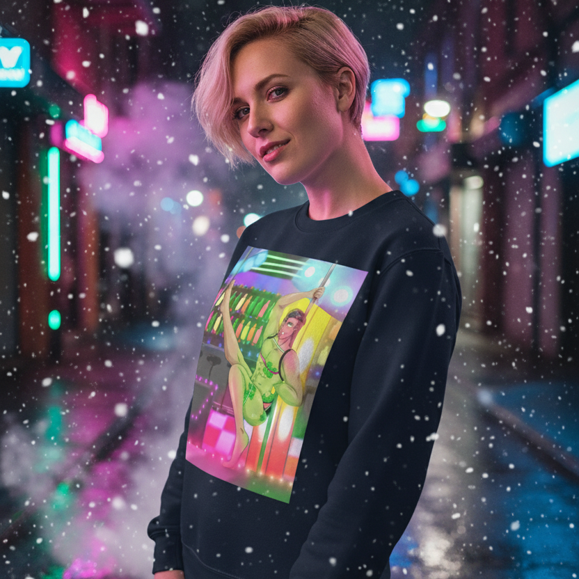 Model wearing a black sweatshirt with a colorful pole-dancer graphic on a neon-lit snowy street