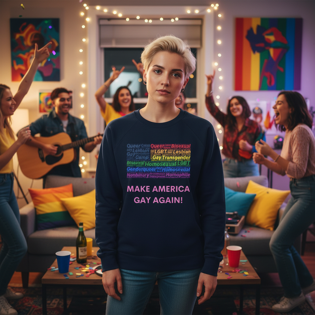 Make America Gay Again! Unisex Sweatshirt: Navy sweatshirt with rainbow LGBTQ+ identity word-cloud and slogan, worn by a young person at a lively, pride-themed house party.