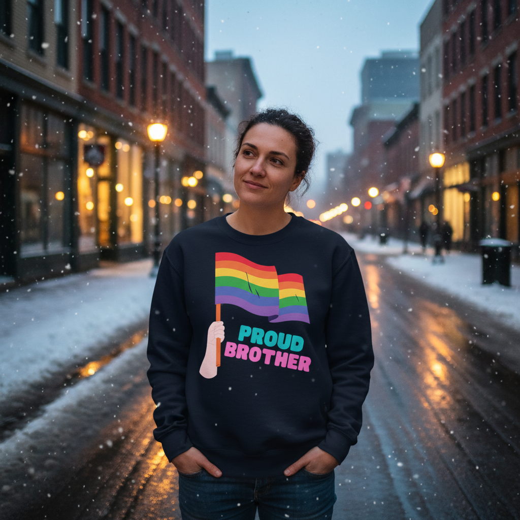 Person wearing Proud Brother Unisex Sweatshirt with rainbow pride flag, standing on a snowy city street at dusk. The sweatshirt symbolizes empowerment, visibility, and LGBTQ pride, showcasing inclusive, bold, and joyful self-expression.