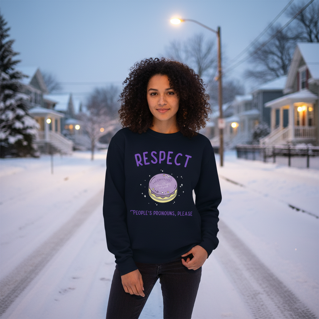 Person wearing a dark sweatshirt reading “RESPECT PEOPLE’S PRONOUNS, PLEASE” on a snowy street