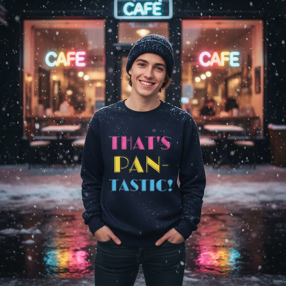 Smiling person in a navy sweatshirt reading “THAT’S PAN-TASTIC!” outside a snowy café