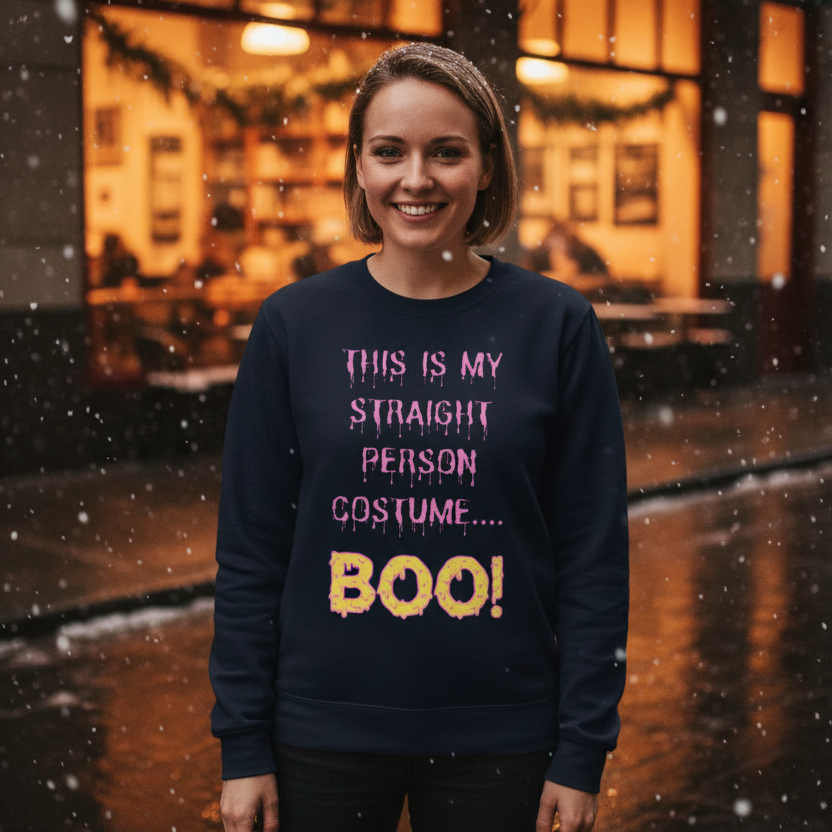 Smiling person wearing a dark sweatshirt reading “This Is My Straight Person Costume... Boo!”